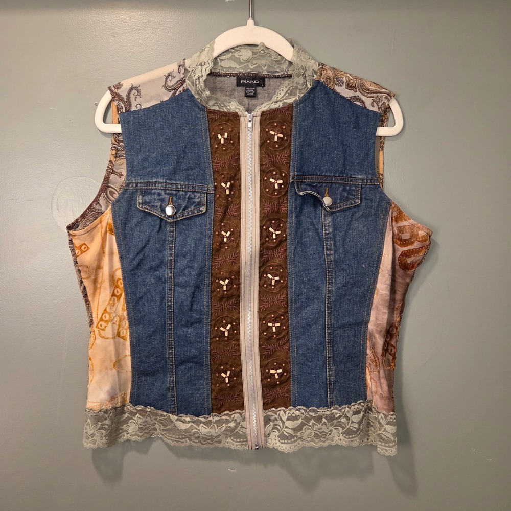Piano Full Zip Boho Patchwork Lightweight Vest Women's L Denim Mesh Lace Beads
